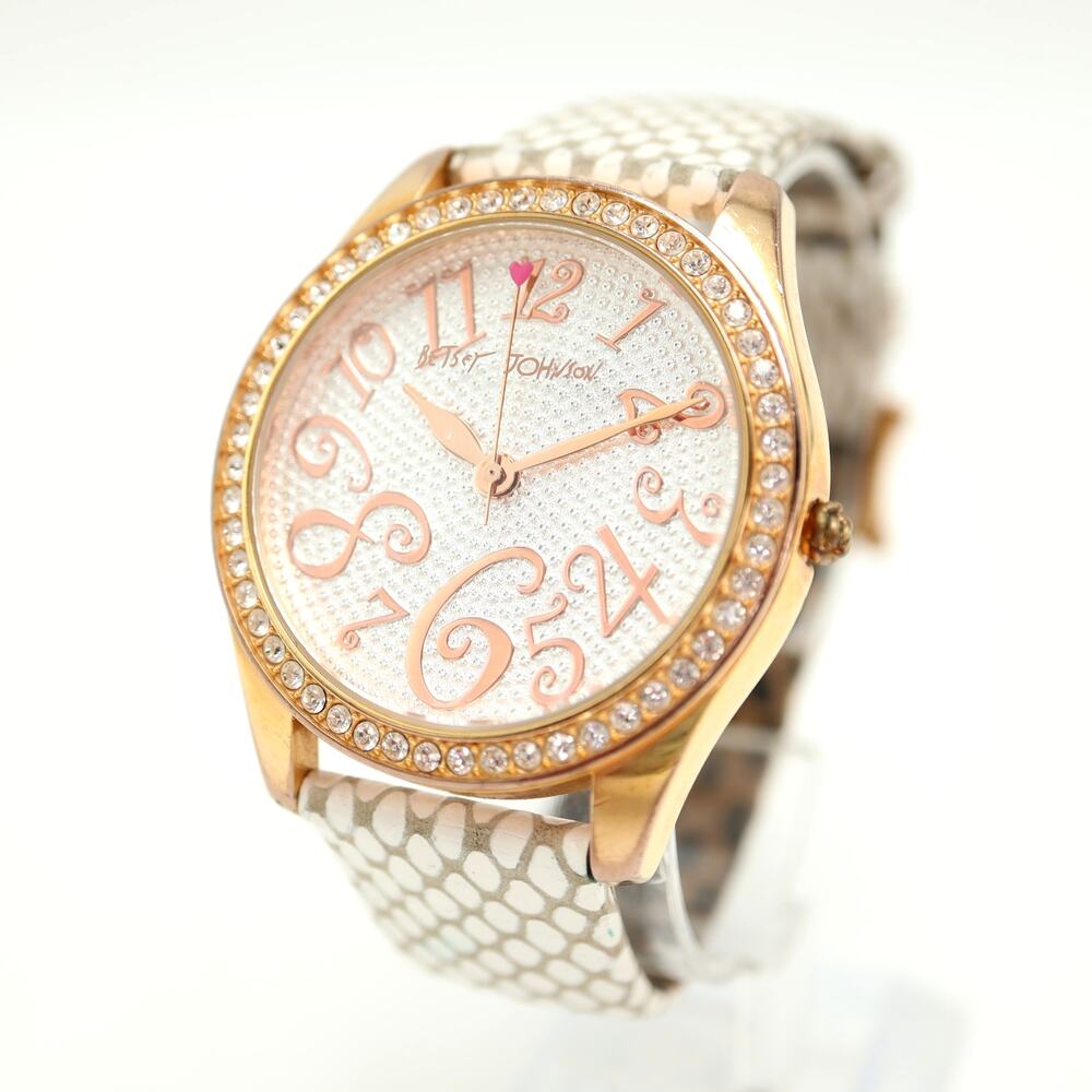 Betsey Johnson Rose Gold Tone 40mm Womens Watch Gems White Leather w New Battery